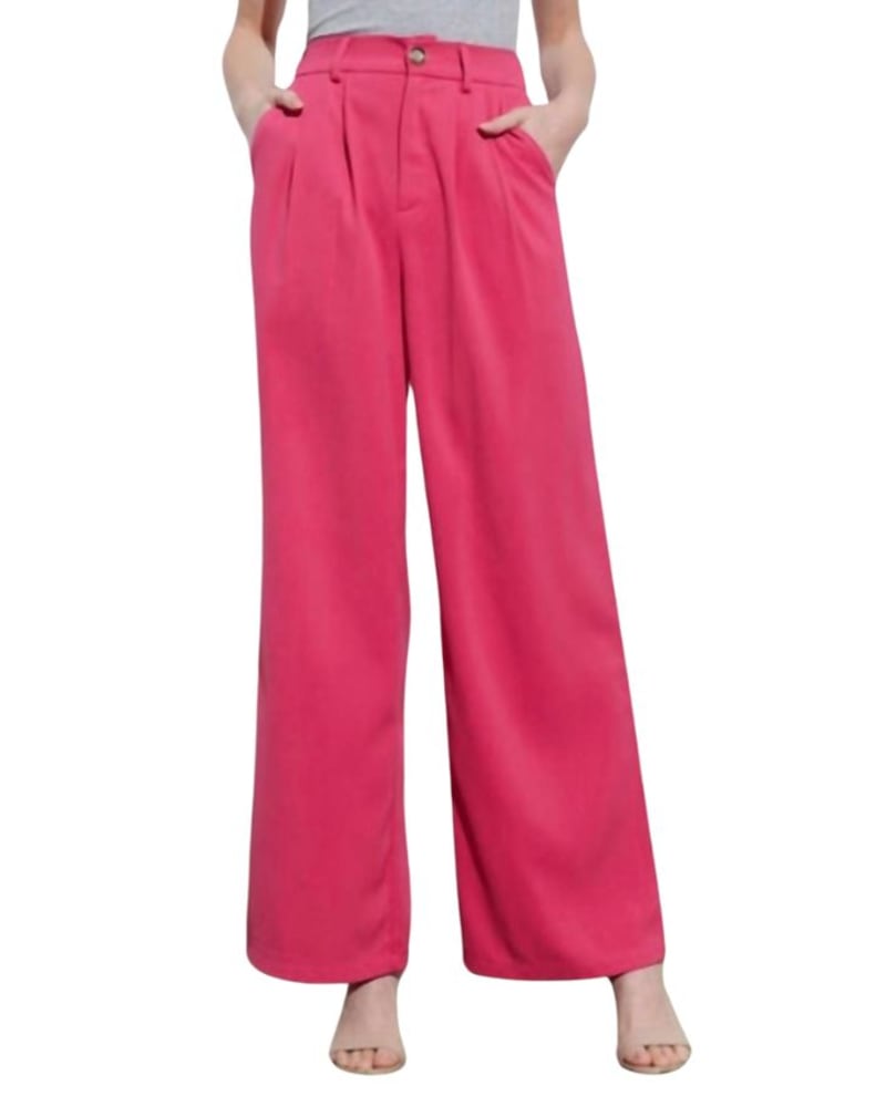 Front of a model wearing a size L Dress Pants In Pink in Pink by Aaron & Amber. | dia_product_style_image_id:360598